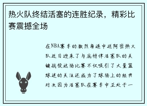 热火队终结活塞的连胜纪录，精彩比赛震撼全场
